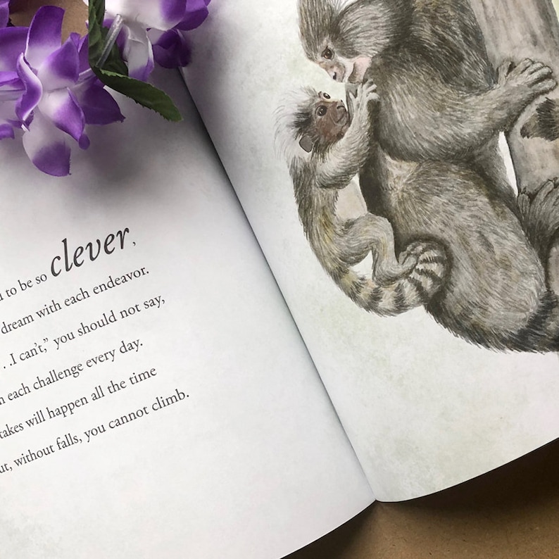 May include: A watercolor illustration of two monkeys, one larger than the other, sitting on a tree branch. The monkeys are brown and gray with white fur on their faces. The text "to be so clever dream with each endeavor... I can't, you should not say, each challenge every day. takes will happen all the time ut, without falls, you cannot climb." is printed below the image.
