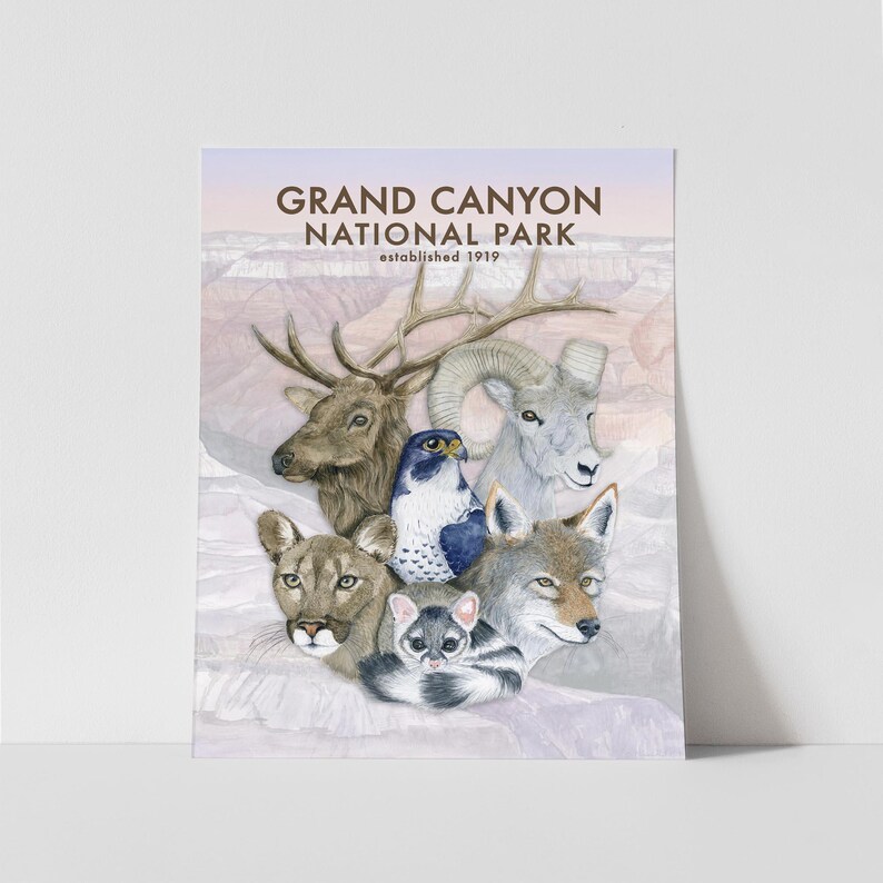 The image is a poster for Grand Canyon National Park, featuring various animals such as a deer, elk, hawk, and cougar, along with the park's name and establishment year.