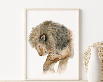 Watercolor Lion Illustration - Animal Nursery - Lion Art Print - Baby Lion and Dad - Animal Art - New Dad - Fathers Day Gift - Boy Room Art