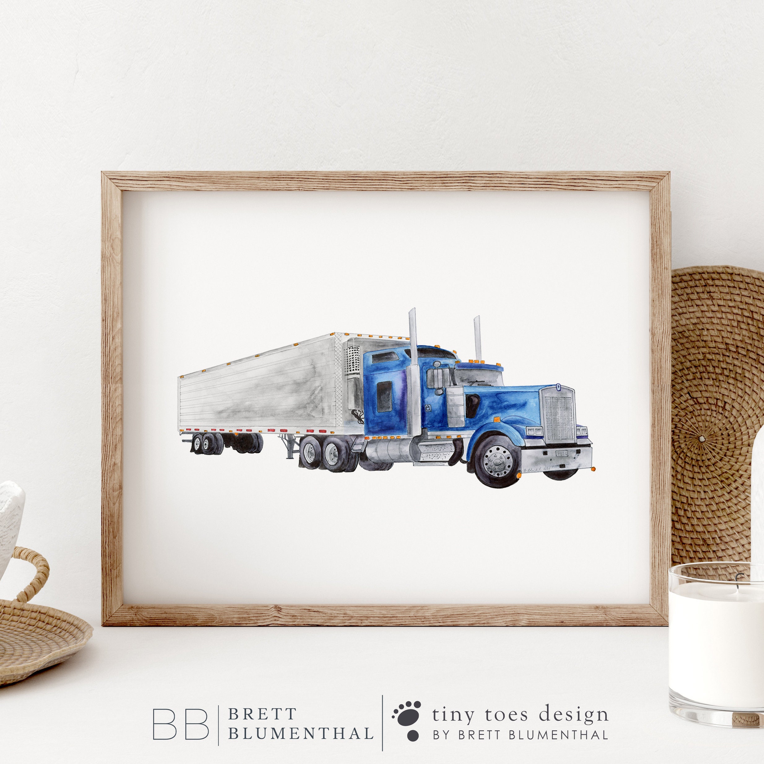 Semi Tractor Trailer Long Haul Truck Wall Art, Big Rig Print, Boys