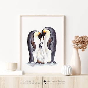 Penguin Print, Polar Nursery Decor, Penguin Watercolor Art, Black and White Painting, Arctic Animal Family, Emperor Penguin, Baby Room Decor