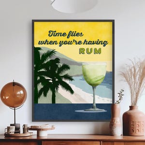Póster vintage de daiquiri / Lámina artística "El tiempo vuela cuando bebes ron" / Decoración retro colorida para bares y cócteles en casa