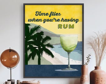 Vintage Daiquiri Cocktail Poster | "Time Flies When You're Drinking Rum" Art Print | Colorful Retro Decor for Home Bar & Cocktail Lovers