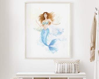 Mermaid Art, Mermaid Nursery Print, Mermaid Painting, Girls Room Decor, Mermaid Gift, Watercolor Fantasy Wall Art, Fantasy Nursery Decor