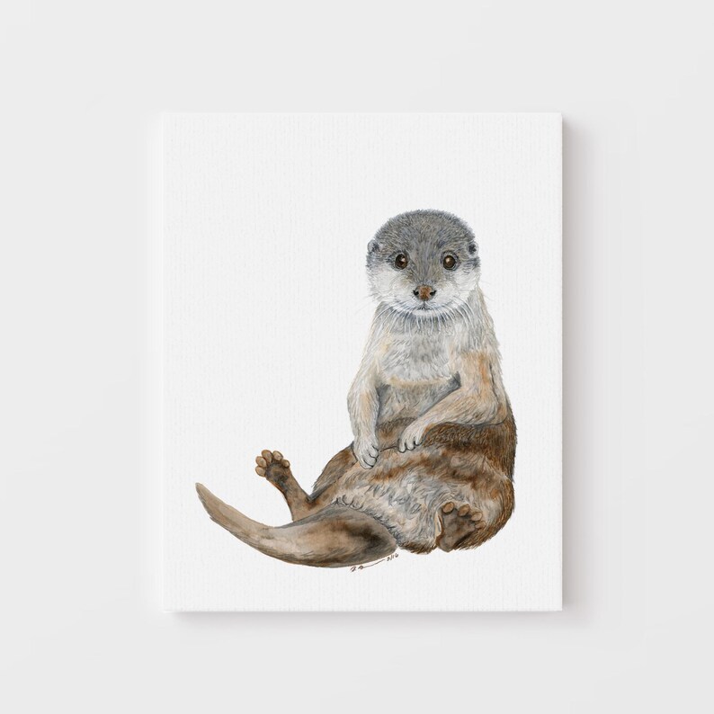 A watercolor painting of an otter sitting on its hind legs.
