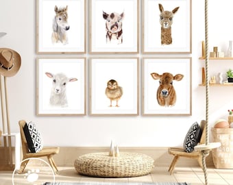 Farm Animal Print Set of 6, Barnyard Animals Nursery Wall Art