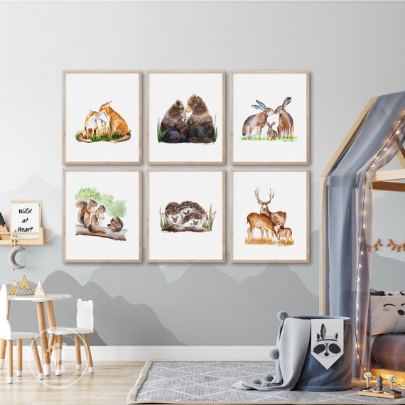 Woodland Nursery Print Set, Woodland Animal Baby Decor, Forest Animal Watercolors, Cute Animal Family Wall Art, Fox, Rabbits, Bears, Deer