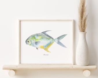 Watercolor Fish, Permit Fish Print, Permit Fishing Mount Art, Fishing Decor, Florida Fishing Art, Angler Fish Gift for Him, Man Cave Poster