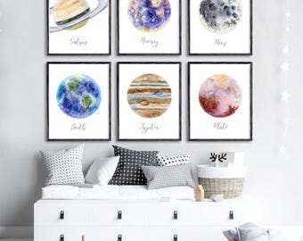 Space Print Set of 6, Watercolor Solar System Prints