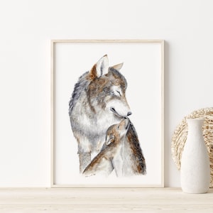 Print met moeder en babywolf, muurdecoratie met bosmotief voor de kinderkamer. afbeelding 3