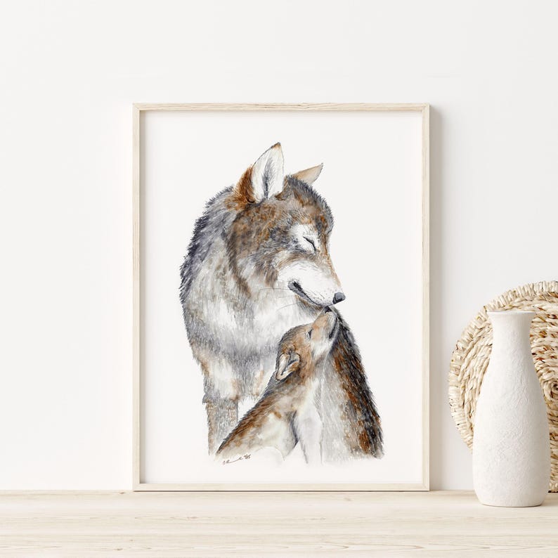 Print met moeder en babywolf, muurdecoratie met bosmotief voor de kinderkamer. afbeelding 3
