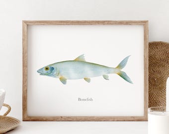 Bonefish Watercolor Print, Fish Wall Art, Deep Sea Fishing Decor