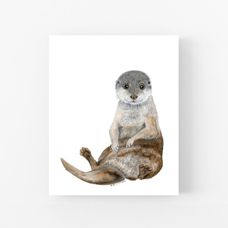 A watercolor painting of an otter sitting on its hind legs with its front paws resting on its belly.