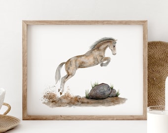 Horse Art Print, Jumping Horse Watercolor Painting, Country Western Wall Art, Equestrian Gift, Farmhouse Decor, Andalusian Tan