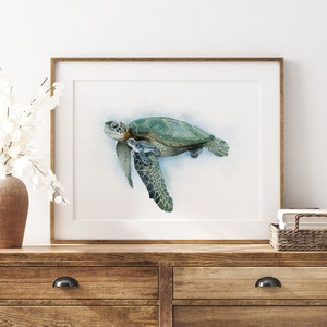 Sea Turtle Art, Mom and Baby Sea Life Print, Turtle Watercolor, Ocean Nursery Decor, Sea Turtle Wall Art, Coastal Decor, Tropical Wildlife image 2