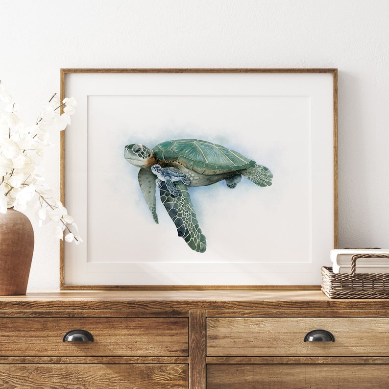 Sea Turtle Art, Mom and Baby Sea Life Print, Turtle Watercolor, Ocean Nursery Decor, Sea Turtle Wall Art, Coastal Decor, Tropical Wildlife image 2