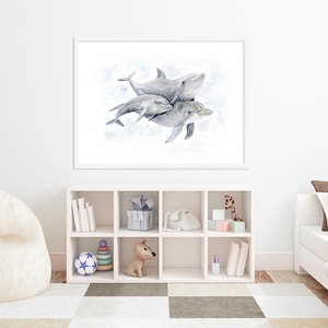 Lámina infantil Familia de delfines, arte mural de acuarela del océano imagen 4