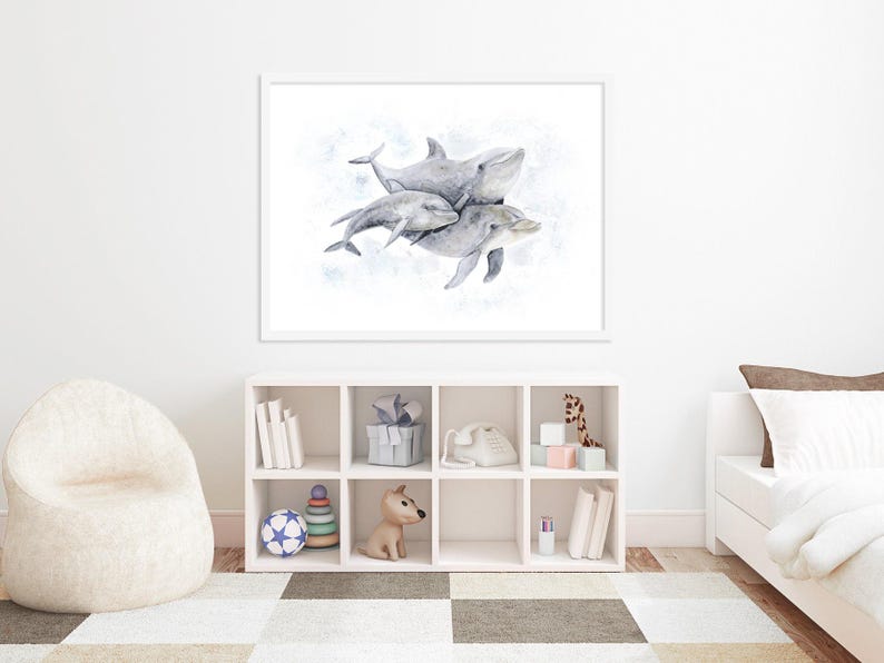 Lámina infantil Familia de delfines, arte mural de acuarela del océano imagen 4