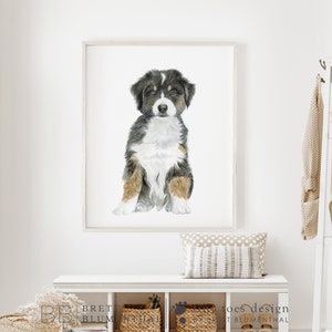 May include: A watercolor painting of a Bernese Mountain Dog puppy sitting with its paws crossed. The puppy has black, white, and brown fur.
