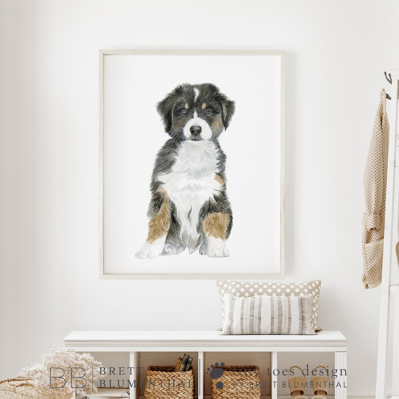 May include: A watercolor painting of a Bernese Mountain Dog puppy sitting with its paws crossed. The puppy has black, white, and brown fur.