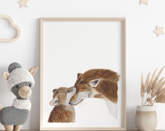 Woodland Nursery Decor, Fox Watercolor Art, Mom and Baby, Fox Nursery Art, Fox Nursery Decor, Baby Room Decor, Animal Art, Brown, Gray, Tan