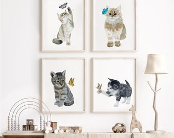 Kitten Print Set of 4, Cat Nursery Wall Art, Girl Room Decor