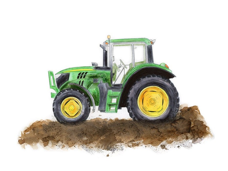 May include: Watercolor illustration of a green tractor with black tires and yellow rims, set against a white background. The tractor is depicted on a patch of brown soil, suggesting agricultural activity.