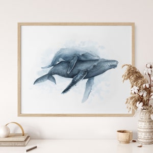 Humpback Whale Print, Ocean Nursery Wall Art, Nautical Nursery Decor, Sea Animal Nursery Art, Ocean Print, Mom and Baby Whale Watercolor image 1
