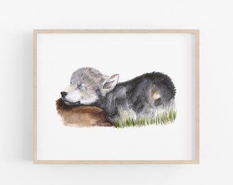 Print van een slapend wolfje, muurdecoratie met bosdieren voor de kinderkamer.