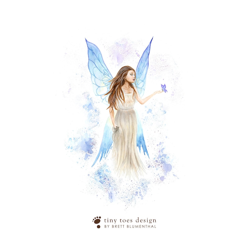 May include: Watercolor painting of a fairy with blue wings and a long white dress. The fairy is holding a purple flower in her hand. The background is a light blue with white splatters.