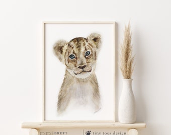 Löwenjunges Portrait, Kinderzimmer Druck, Aquarell Safari Wandkunst