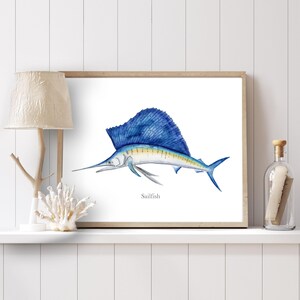 Sailfish Watercolor Print, Fish Wall Art, Deep Sea Fishing Decor image 3