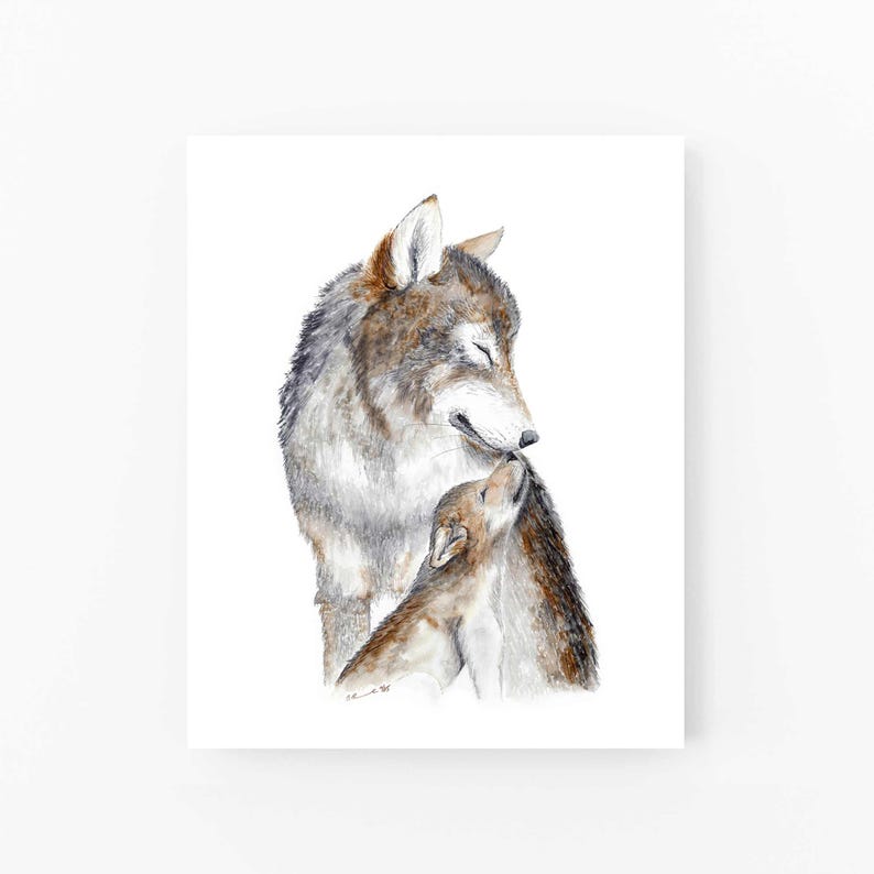 A watercolor painting depicting a mother wolf and her cub, with the mother's head and body in the foreground and the cub's body in the background.