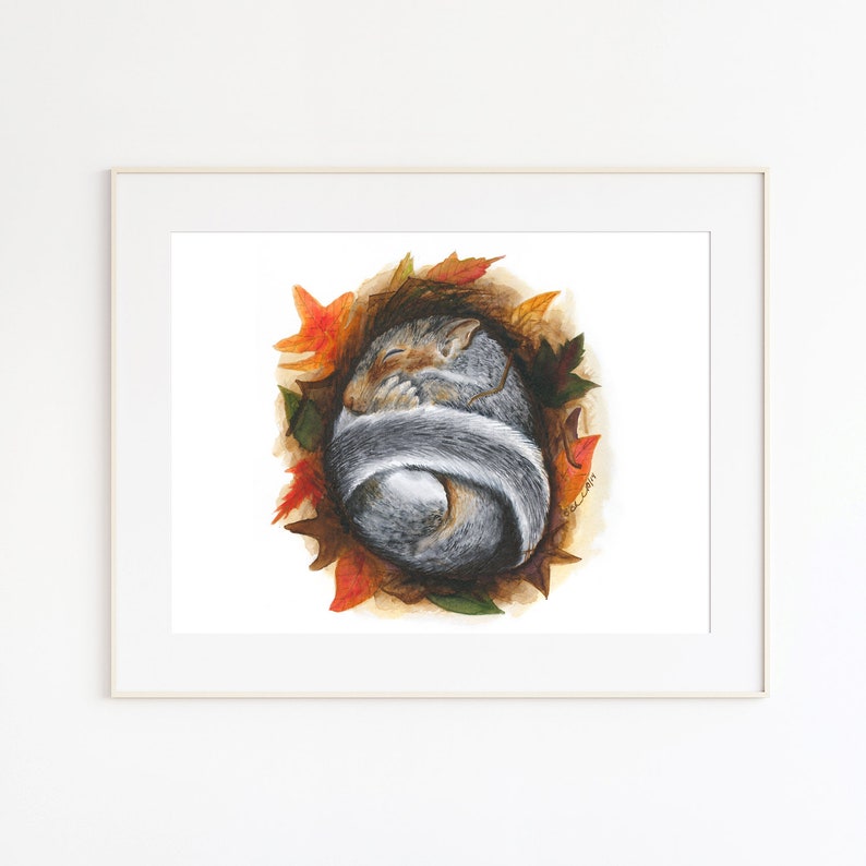 Baby Squirrel Print, Woodland Animal Nursery Art, Woodland Nursery Decor, Baby Animal Art, Cute Nursery Print, Fall Decor, Sleeping Animal image 2