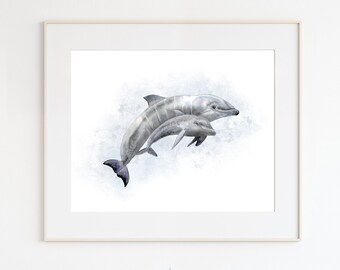 Mom and Baby Dolphin Art, Sea Animal Print, Dolphin Watercolor, Ocean Nursery Art, Dolphin Wall Art, Coastal Decor, Ocean Wildlife