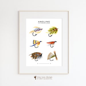Fly fishing Angling Art, Lake Flies Print, Fishing Lure Watercolor, Lake House Decor, Types of Flies, Fisherman Gift, Mancave Wall Art