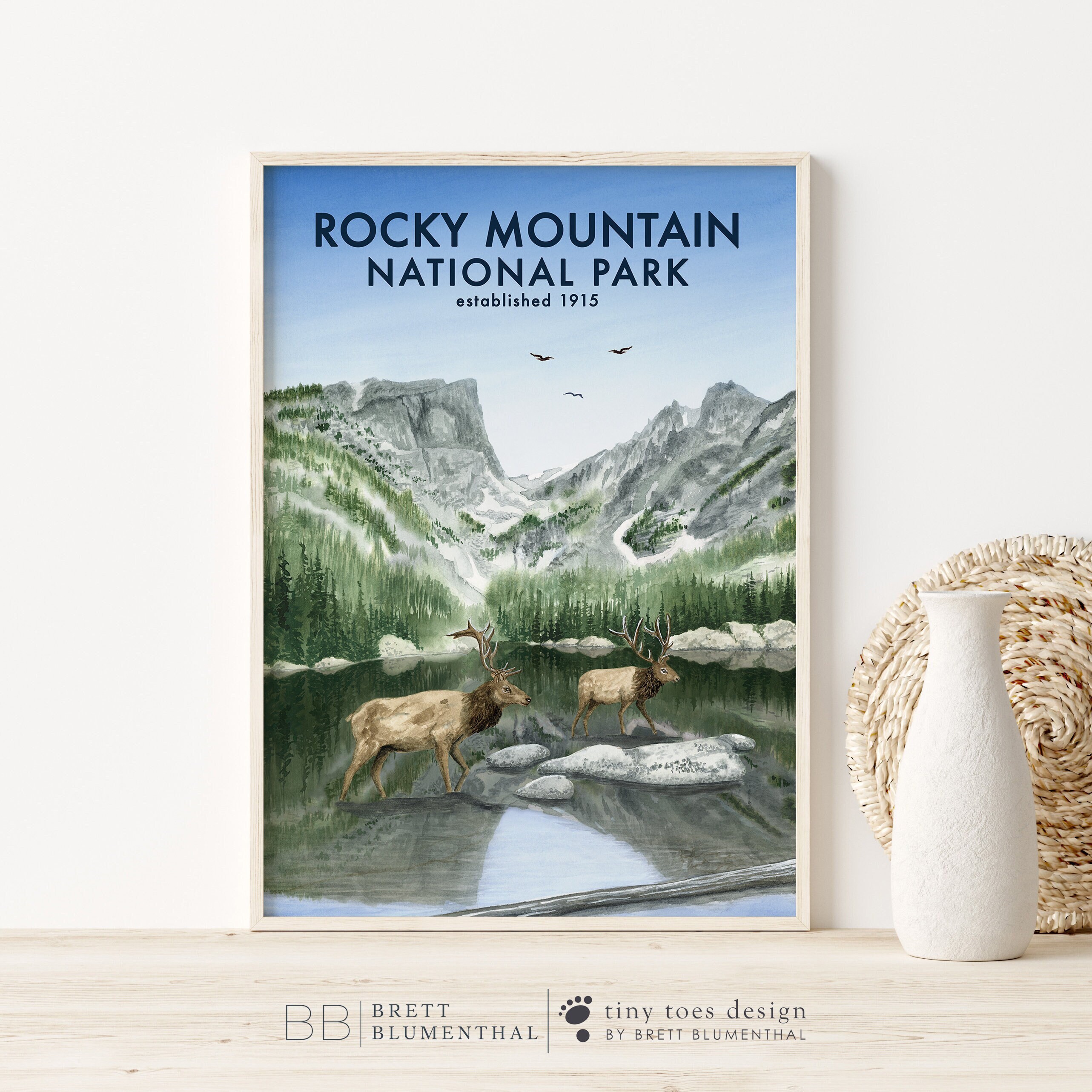 Rocky Mountain Poster - National Park Print - Colorado Art - Elk and Mountain Print - Western American Art - Rocky Mountain Travel Decor