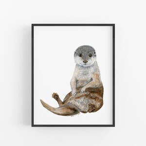 A watercolor painting of an otter sitting on its hind legs with a curious expression.