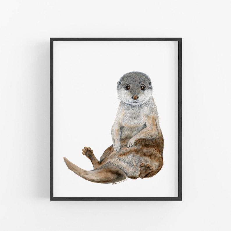 A watercolor painting of an otter sitting on its hind legs with a curious expression.