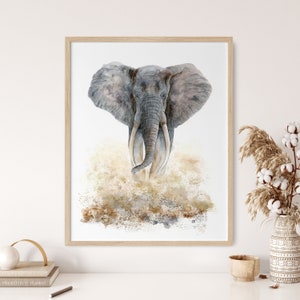 Elephant Gift, Watercolor Painting, Wild Animal Print, Gray Animal Decor, Wildlife African Wall Art, Safari Home Decor, Stampede, Tusks