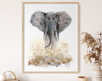 Elephant Gift, Watercolor Painting, Wild Animal Print, Gray Animal Decor, Wildlife African Wall Art, Safari Home Decor, Stampede, Tusks