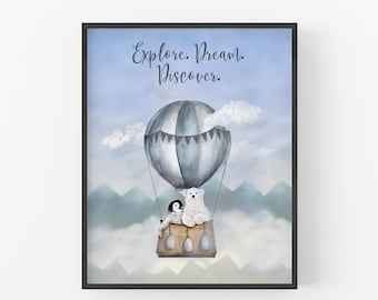 Blue Hot Air Balloon Print | Arctic Nursery Wall Art | Polar Bear and Penguin Decor | Baby Boy Room Print | Adventure Playroom Art