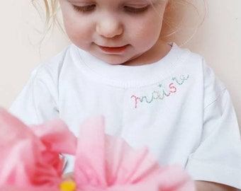 Tshirt Personalised Hand Embroidered Toddler Pastel Monogram Name Rainbow