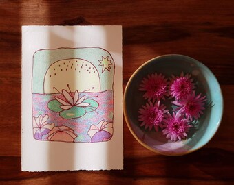 Original Artwork - Floral - Flowers - Landscape-  Mini Art - Wax Pencil on Watercolour Paper - Suit A4 frame