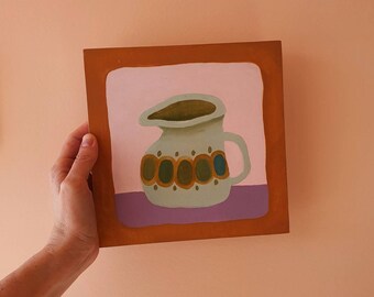Still Life Green Jug, Gouache Painting , Birchwood, Wood Panel, Artwork, Pink, Purple, Australian