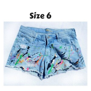 Vintage light blue denim shorts -size 6 - retro denim shorts 1990&#39;s -High Waist Cut Off Fringed Denim Shorts -Hand painted denim shorts -#27