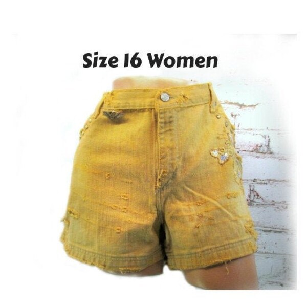 Vintage Yellow Tattered shorts , size 16 women shorts, Distressed grunge shorts, High Waisted denim shorts, dyed bleached shorts,  # 1