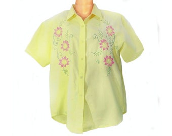 Vintage yellow flower shirt - Romantic beaded top -  summer shirt top women- hand painted shirt - Boho chic Bohemian top  -Size Medium