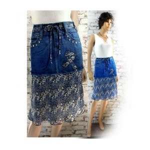 upcycled blue skirt -  upcycled denim skirt - denim jean skirt , Boho skirt - alternative skirt - denim skirt - Size 5/6  # 17