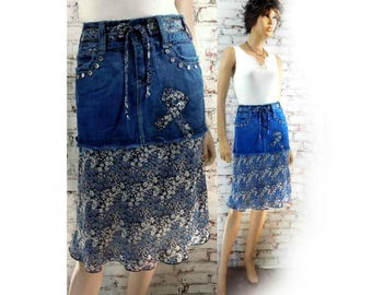 jupe bleue upcyclée - jupe denim upcyclée - jupe jean denim , jupe Boho - jupe alternative - jupe denim - Taille 5/6 # 17